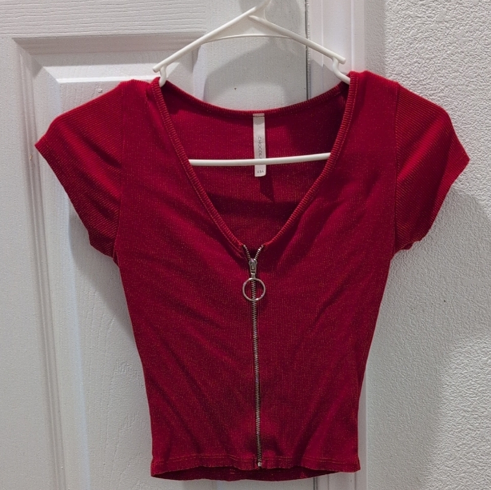 Chocolate Red V-Neck Crop Top with Zipper